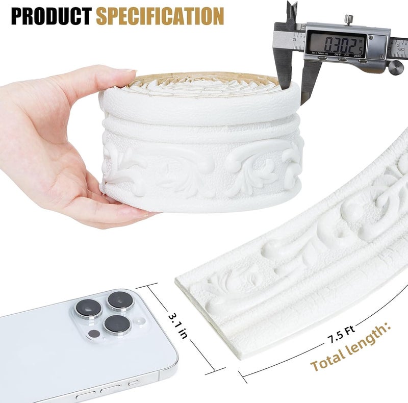 WAPANE 360" x 3.1" Peel Stick Foam Molding Trim Self Adhesive, Crown Molding Wallpaper Border Flexible, 3D Wall Edging Lines Foam Baseboard, Wall Trim for Home, White, 4PC - Image 4